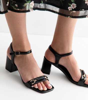 Black Faux Leather Horsebit Detail Block Heel Sandals