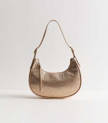 Gold Faux Leather Embellished Shoulder Bag