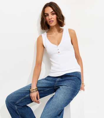White Cotton Rich Gold Tone Button Henley Vest Top