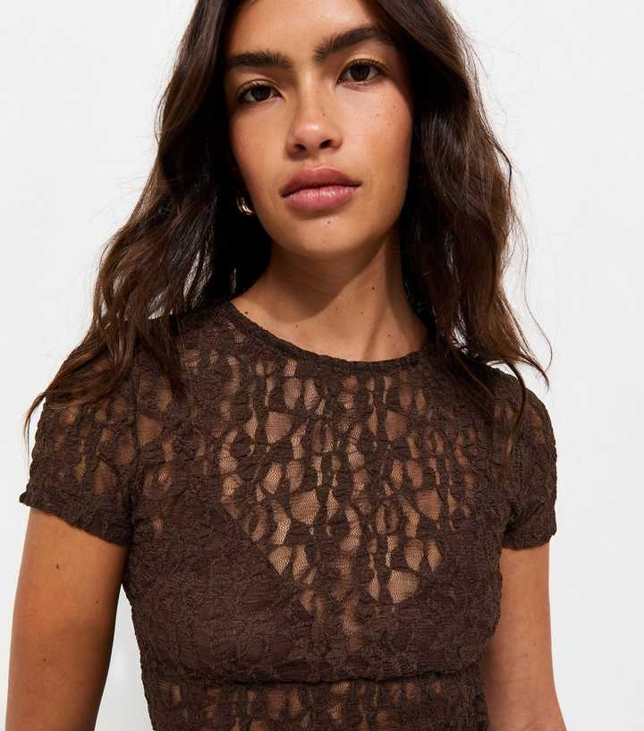 Dark Brown Sheer Floral Lace Baby Tee