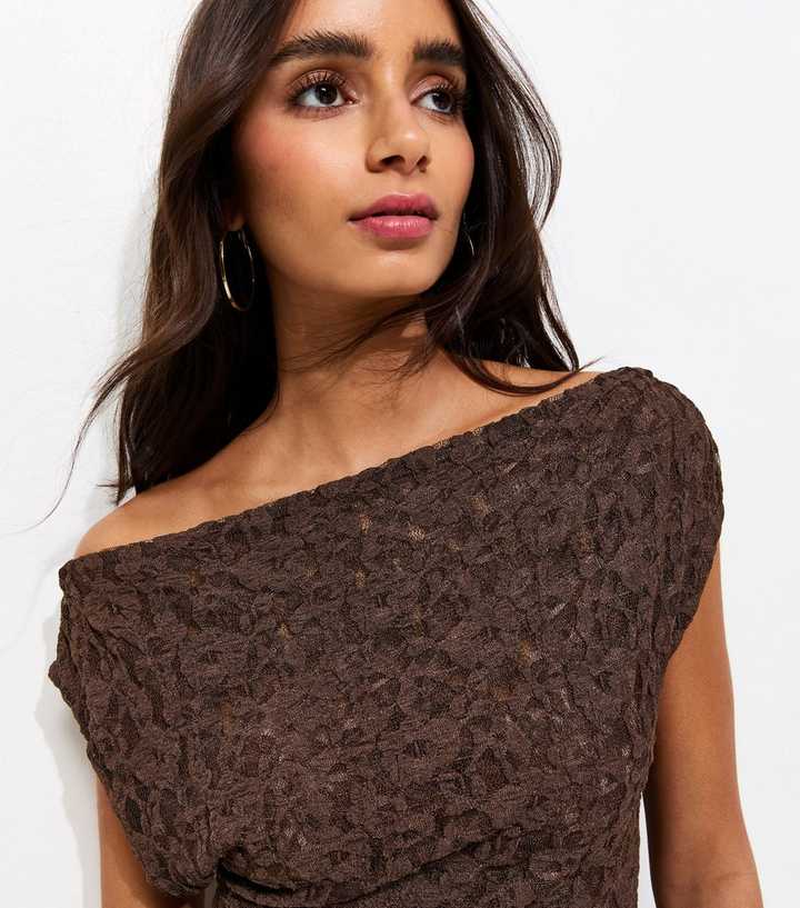 Brown Jersey Lace Off The Shoulder Top