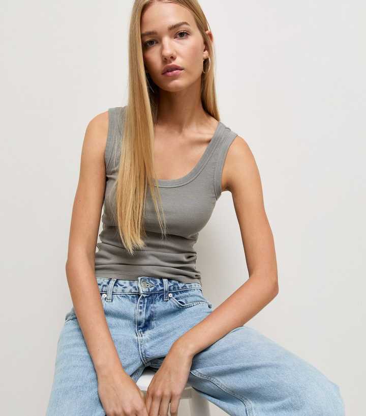 Dark Grey Cotton Rich Ribbed Scoop Neck Vest Top