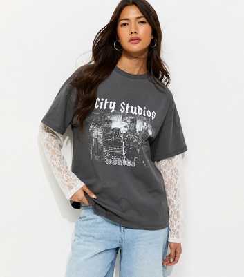 Dark Grey City Studios Print Lace Sleeve 2 In 1 T-Shirt