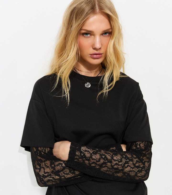 Black 2-In-1 Lace Long Sleeve Top