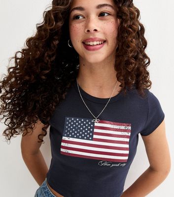 Girls Navy American Flag Crop Top