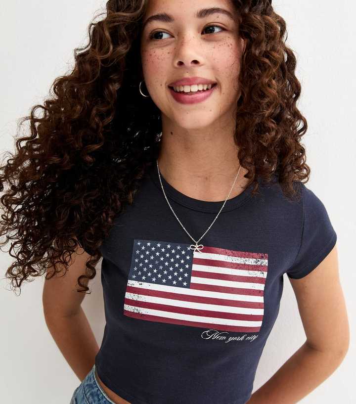 Girls Navy American Flag Crop Top