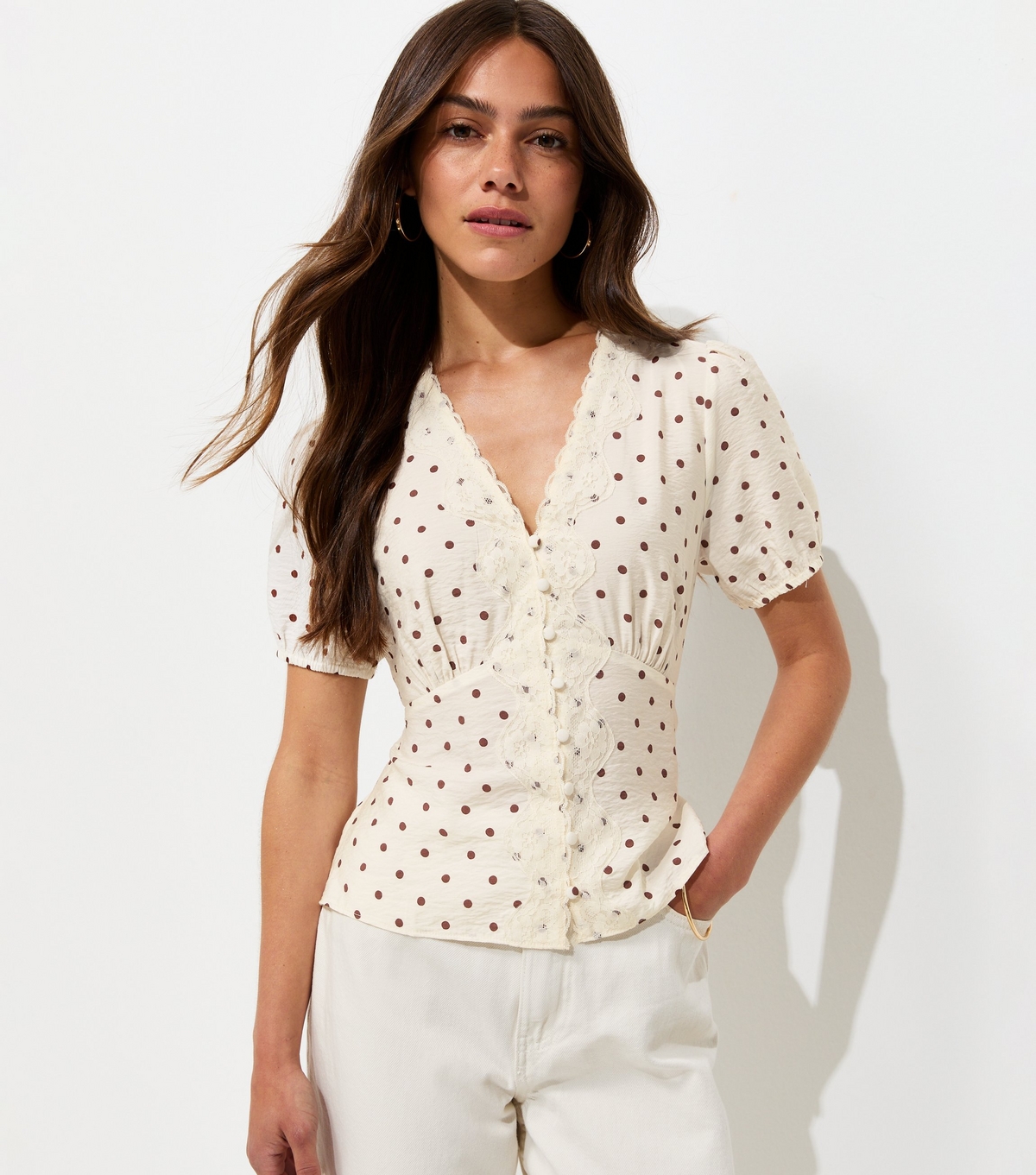 Women's Petite Brown Spot Print Lace Trim Tea Blouse New Look