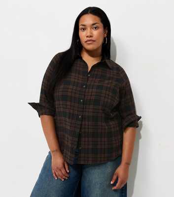 Curves Brown Cotton Rich Checked Long Sleeve Shirt