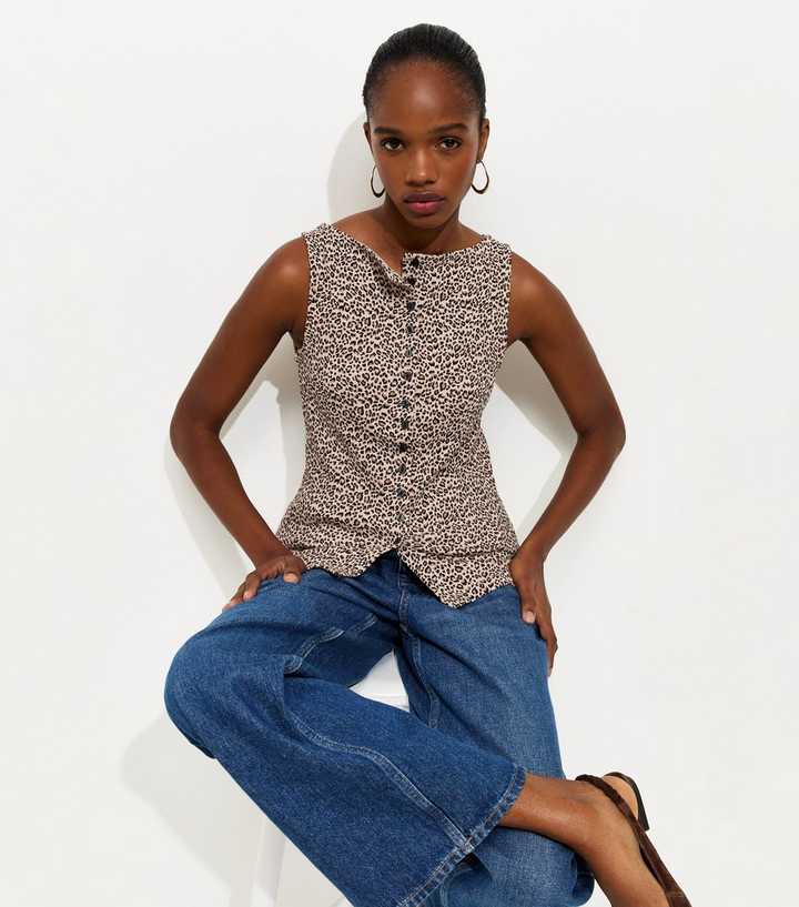 Brown Leopard Print Button Through Tank Top