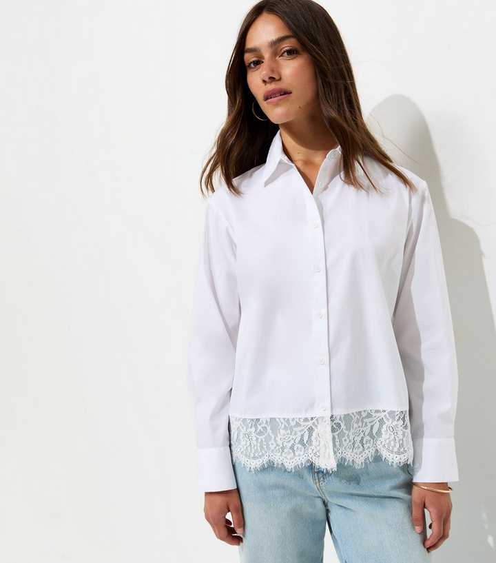 Petite White Cotton Rich Poplin Lace Trim Shirt
