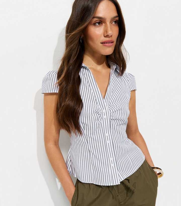Petite White Cotton Striped Fitted Double Button Shirt