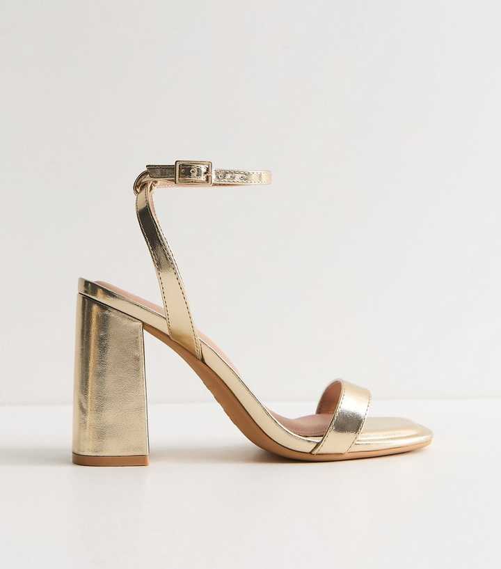 Gold Faux Leather High Block Heel Sandals