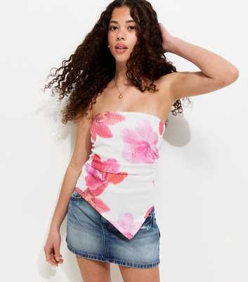 Girls White Sequinned Floral Print Bandeau Top