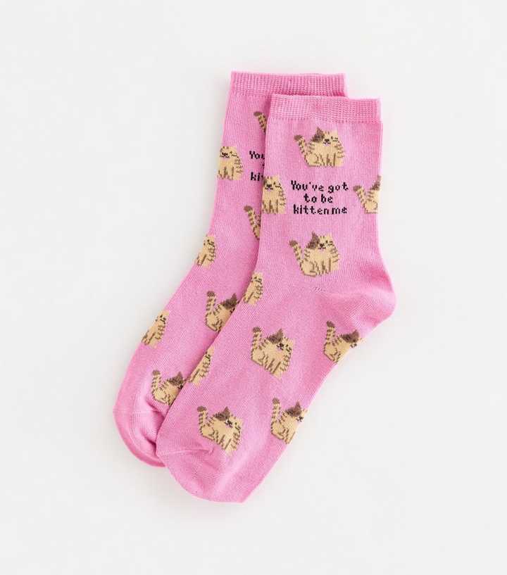 Pink Cotton Rich You've Got To Be Kitten Me Pattern Ankle Socks