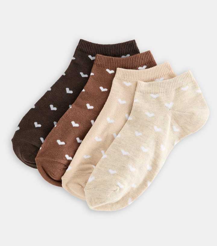 Brown Pack of 4 Heart Patterned Trainer Socks