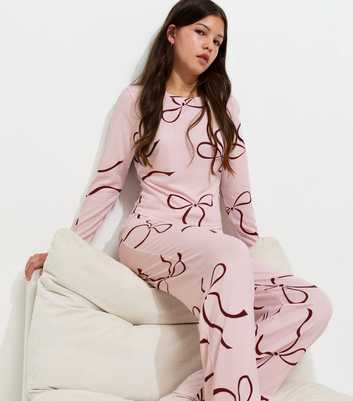 Girls Pink Bow Print Pyjama Set