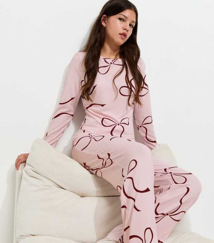 Girls Pink Bow Print Pyjama Set