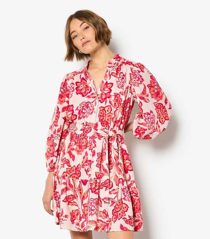 Apricot Pink Floral Boho Print Mini Dress