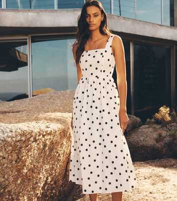 Apricot White Polka Dot Print Midi Dress