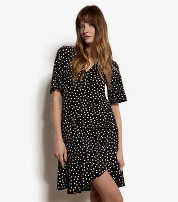 Apricot Black Dot Print Side Ruched Mini Dress