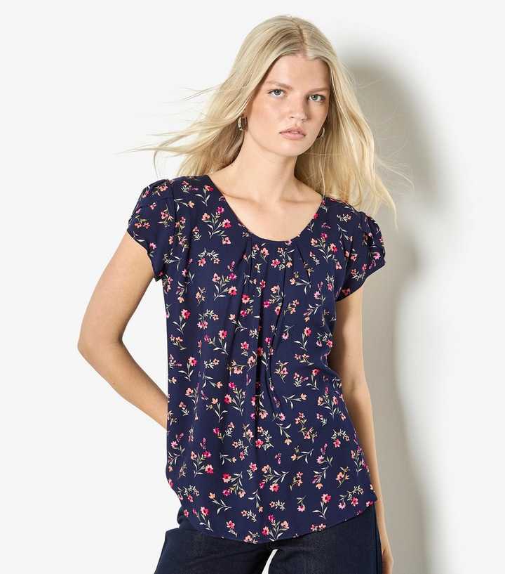 Apricot Blue Ditsy Floral Print Top