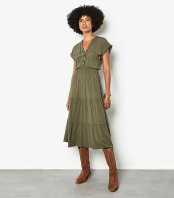 Apricot Dark Khaki Tiered Midaxi Dress