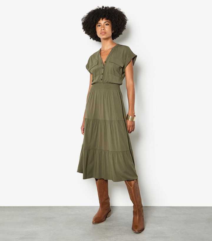 Apricot Dark Khaki Tiered Midaxi Dress