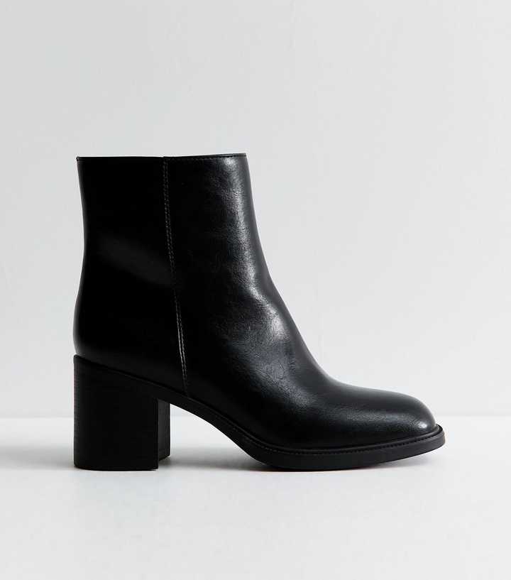 Black Faux Leather Block Heel Square Toe Ankle Boots