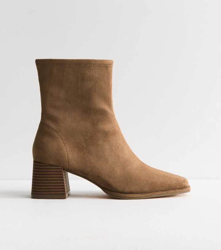 Camel Faux Suede Stacked Heel Ankle Boots