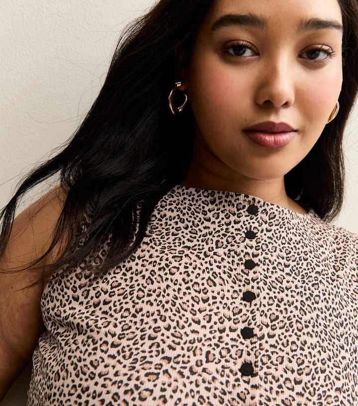 Curves Brown Cotton Rich Leopard Print Button Through Tank Top