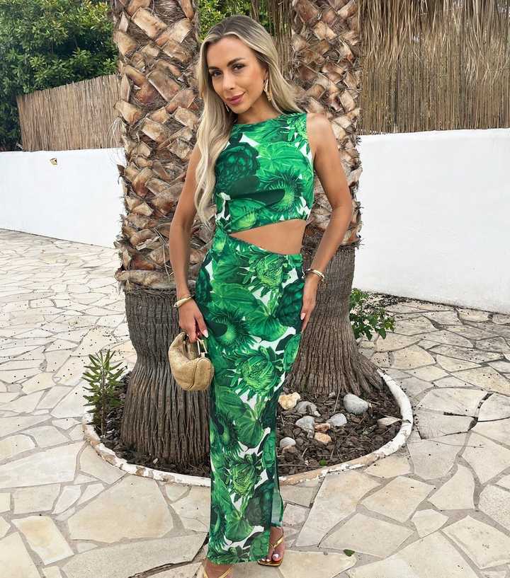 AX Paris Green Floral Cut Out Mesh Midi Dress