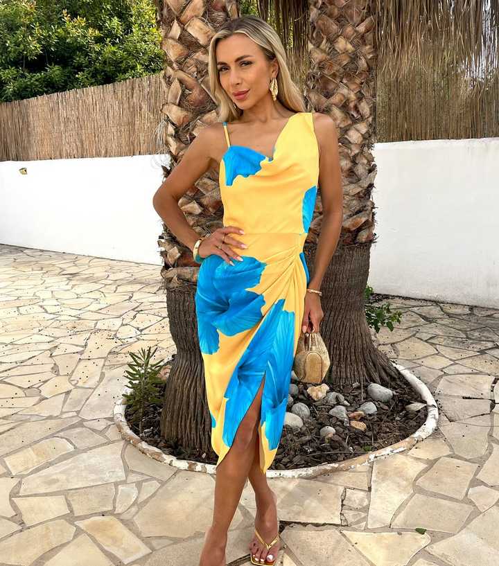 AX Paris Yellow Asymmetric Strap Gathered Midi Dress