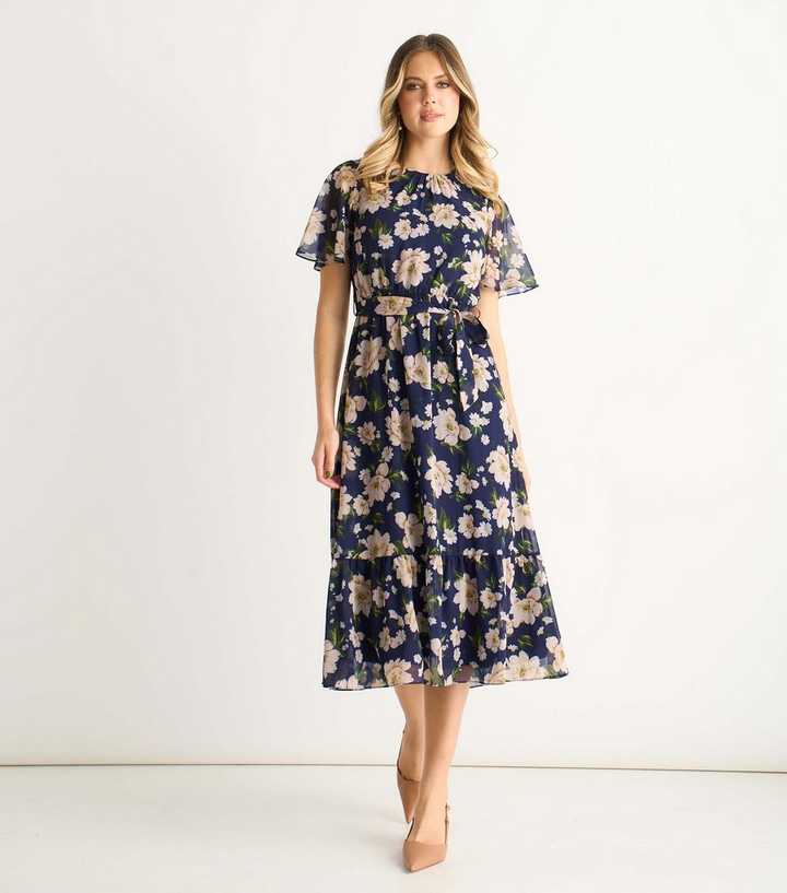 Gini London Navy Fit And Flare Floral Midi Dress