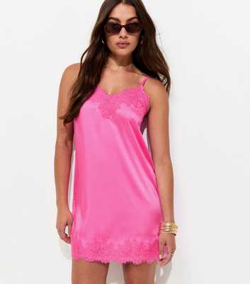 Bright Pink Satin Lace Trim Lace Mini Dress