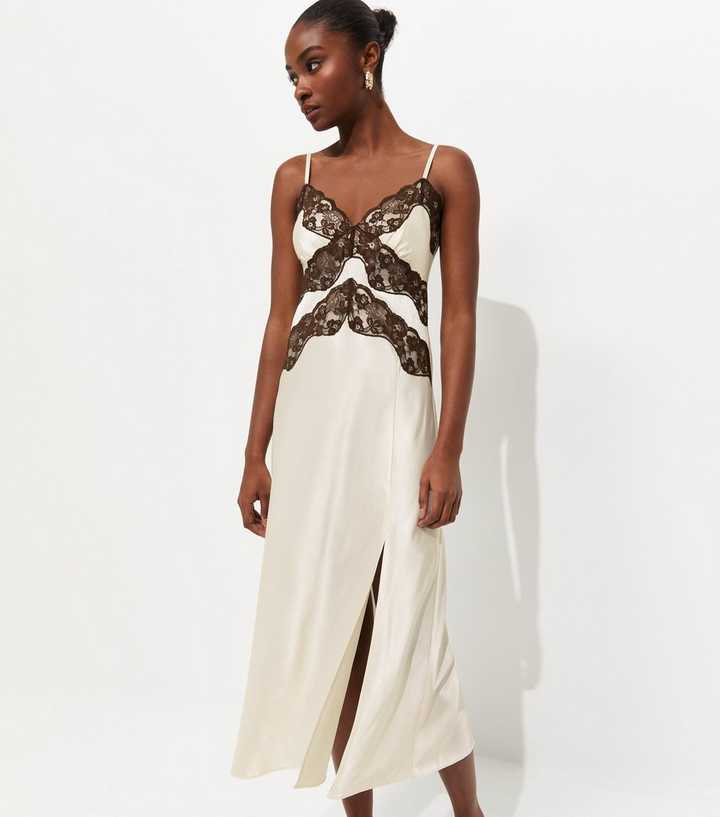 Cream Contrast Lace Trim Slit Hem Midi Dress