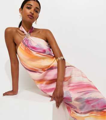 Pink Diagonal Blurry Stripe Halterneck Midi Dress