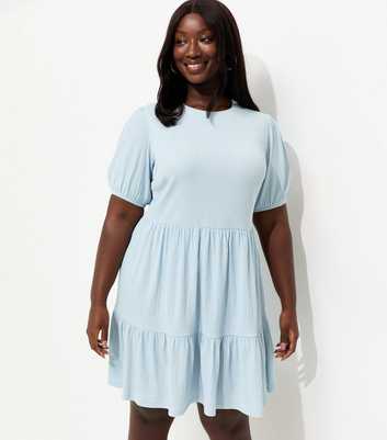 Curves Blue Crinkle Texture Tiered Smock Mini Dress