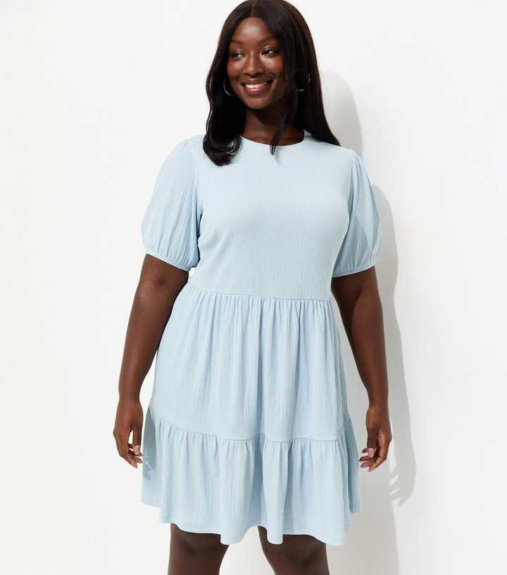 Curves Blue Crinkle Texture Tiered Smock Mini Dress