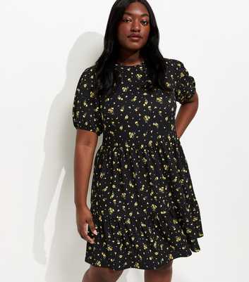 Curves Black Ditsy Print Tiered Smock Mini Dress