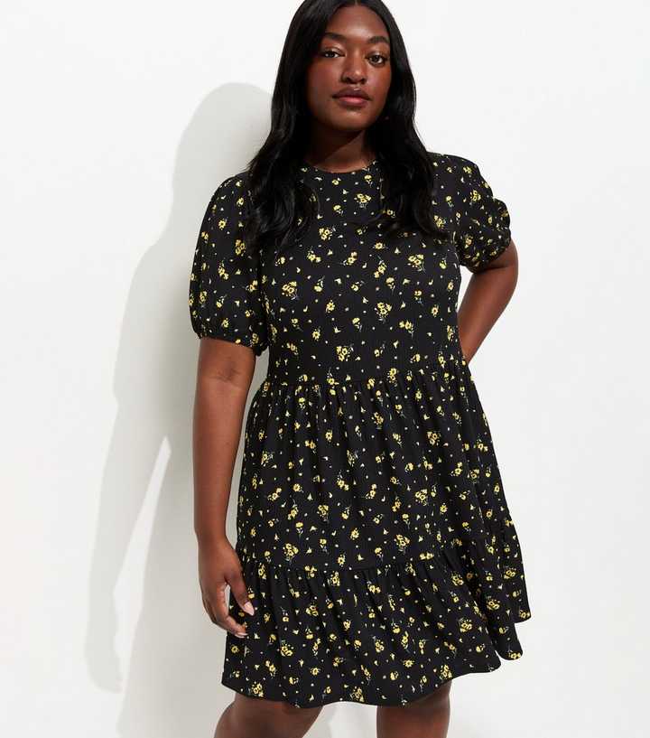 Curves Black Ditsy Print Tiered Smock Mini Dress