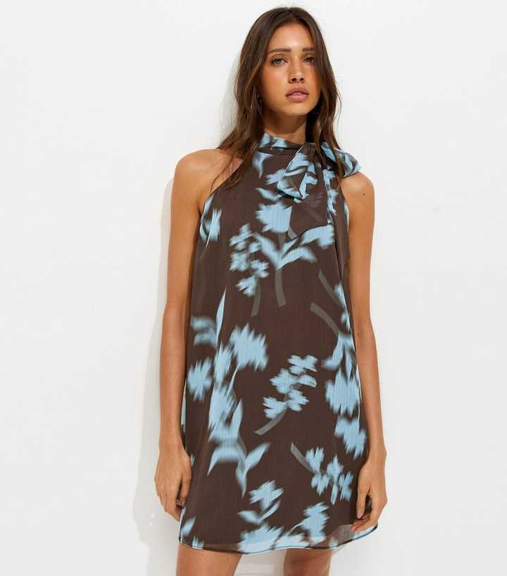 Brown Chiffon Floral Halter Neck Mini Dress