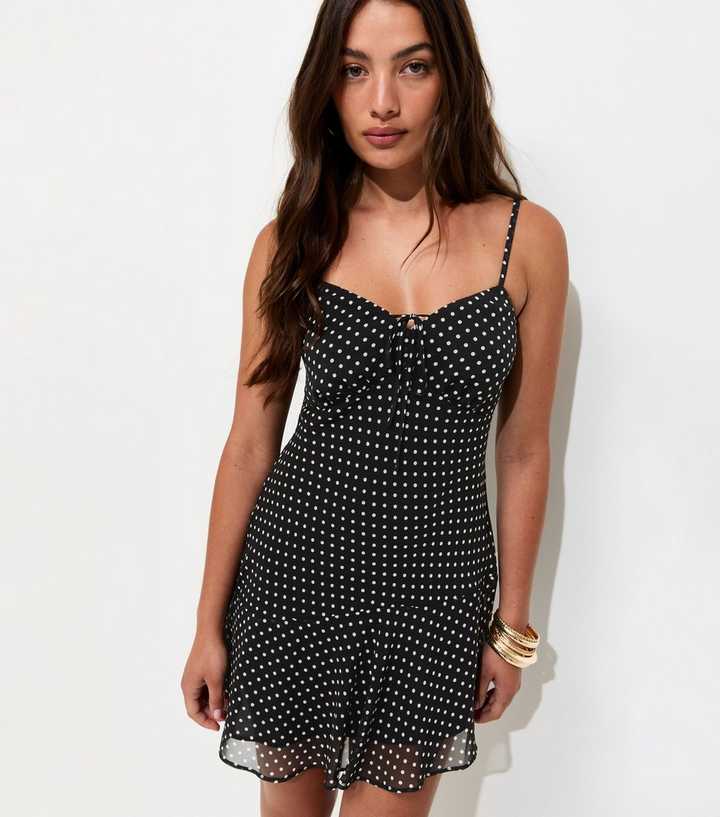Black Spot Print Handkerchief Hem Chiffon Mini Dress