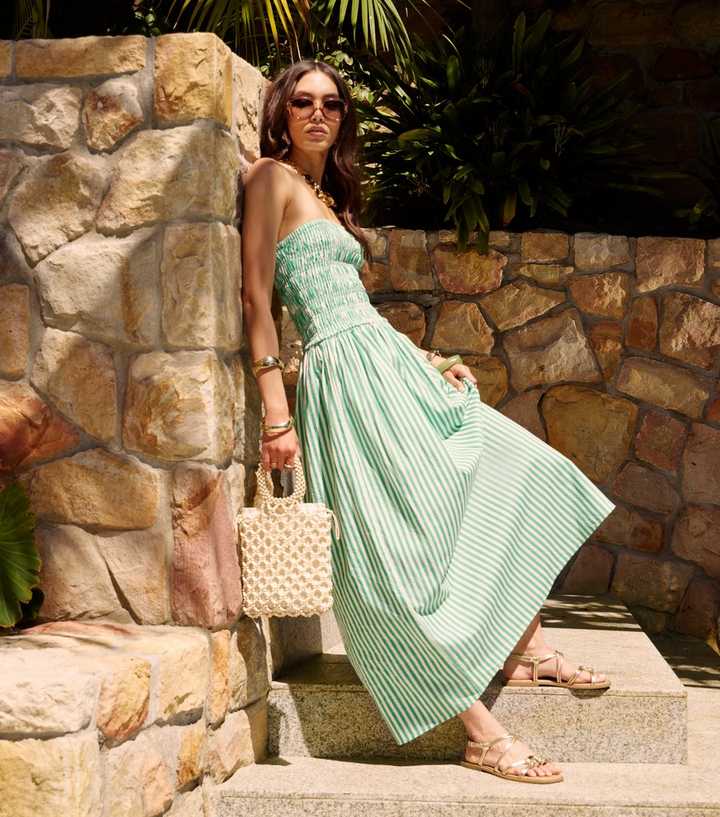 Green Striped Shirred Bandeau Dress