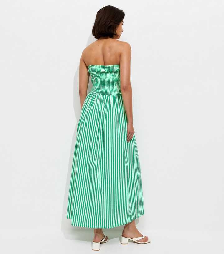 Green Striped Shirred Bandeau Dress | New Look