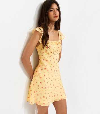 Yellow Ribbed Chiffon Floral Print Flutter Sleeve Mini Dress