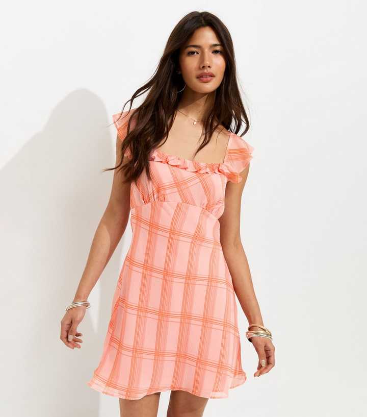 Pink Chiffon Check Print Flutter Sleeve Mini Dress