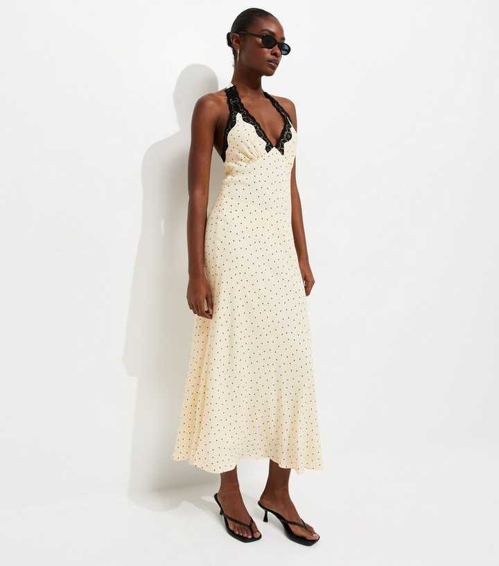 Cream Polka Dot Lace Trim Halter Neck Midi Dress