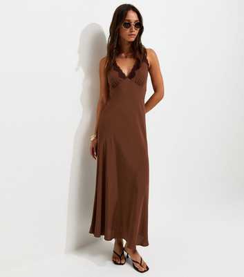 Dark Brown Lace Trim Halterneck Midi Dress