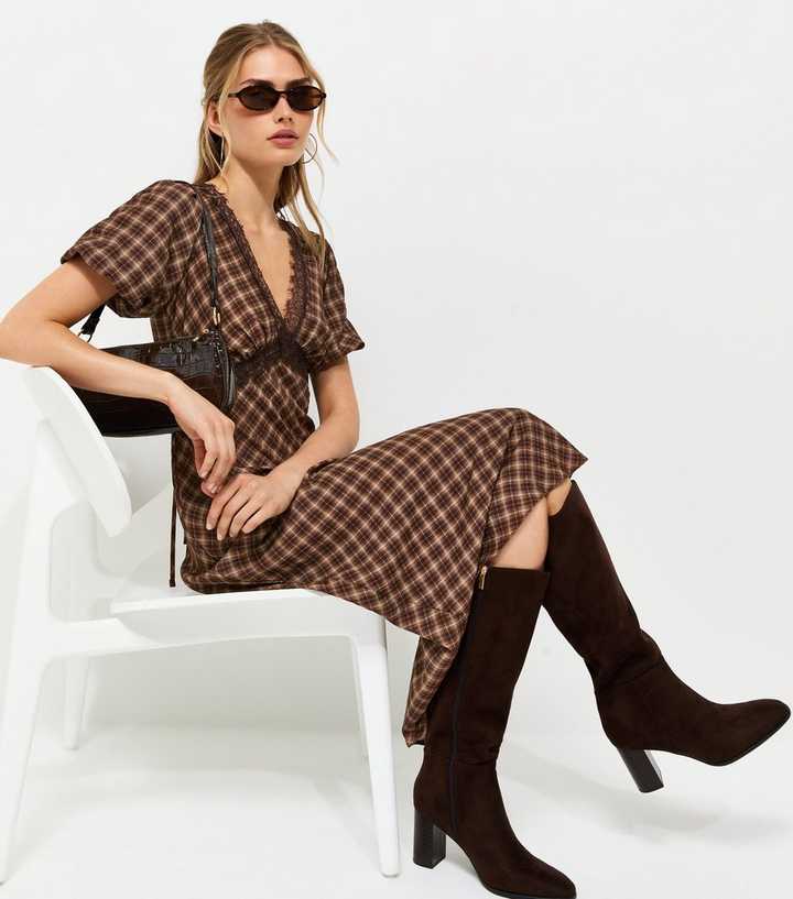 Brown Check Lace Trim Puff Sleeve Midi Dress