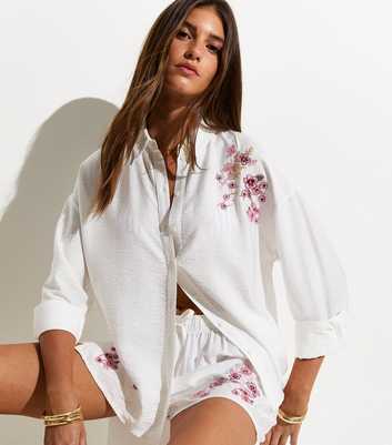 Premium White Crinkle Texture Floral Embroidered Beach Shirt